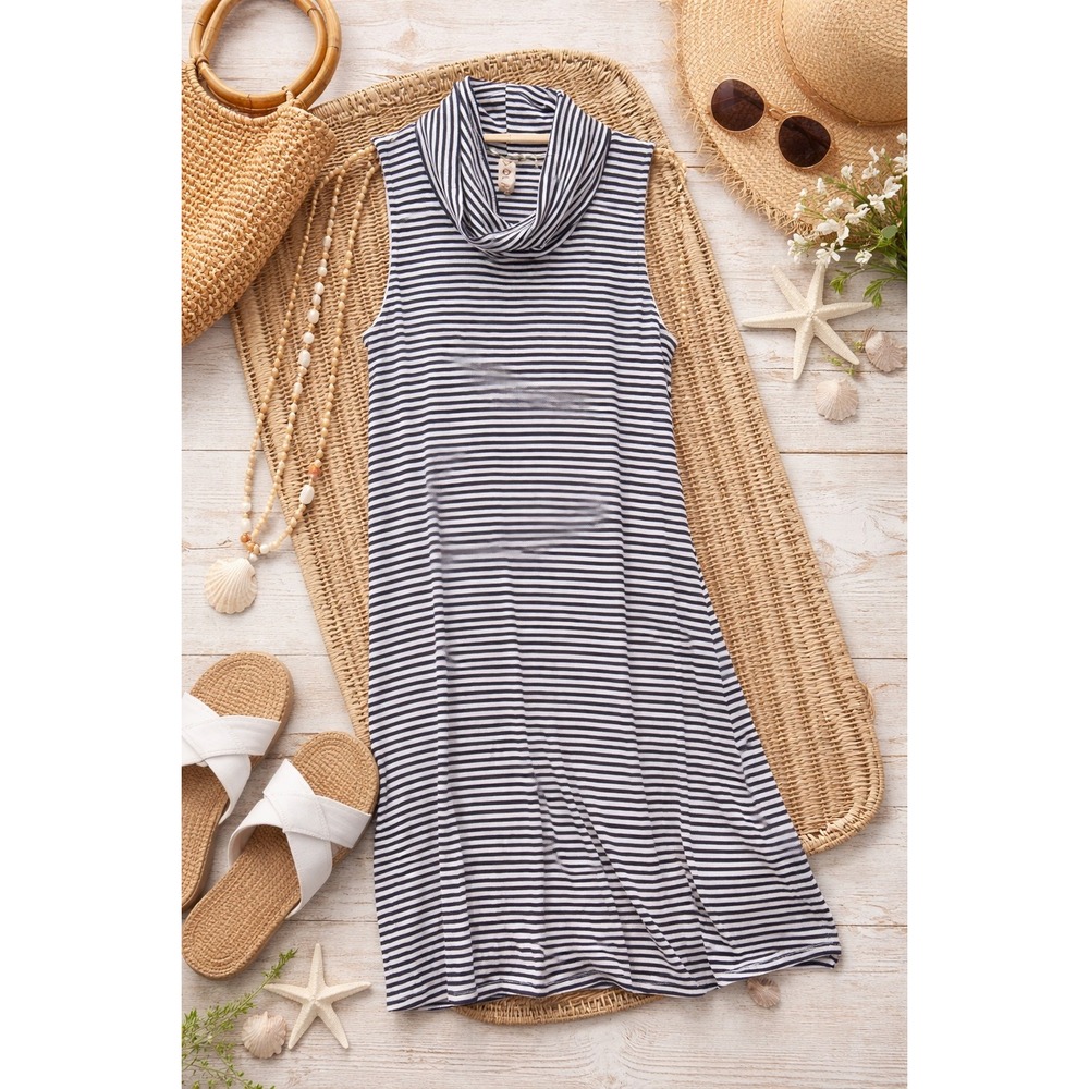 DOLAN Striped Cowl Neck Dress Womens Small Navy White Ribbed Sleeveless‎ Coastal